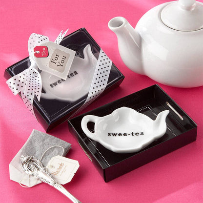 Swee-Tea Ceramic Tea-Bag Caddy in Black & White Serving-Tray Gift Box - Set of 4