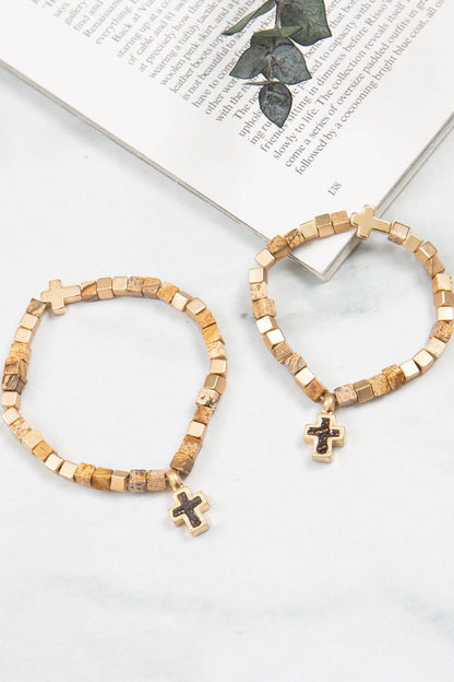 Mommy & Me Cross Bracelets Religious Natural Stone Bead Set